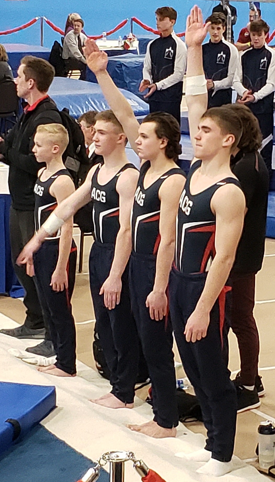 Avant Coeur Gymnastics Boys Level 8s and 10s at the Rose City Challenge in Beaverton, Ore., from left, Brandon Decker, Jesse St. Onge, Kyle Morse and Henry Pals.