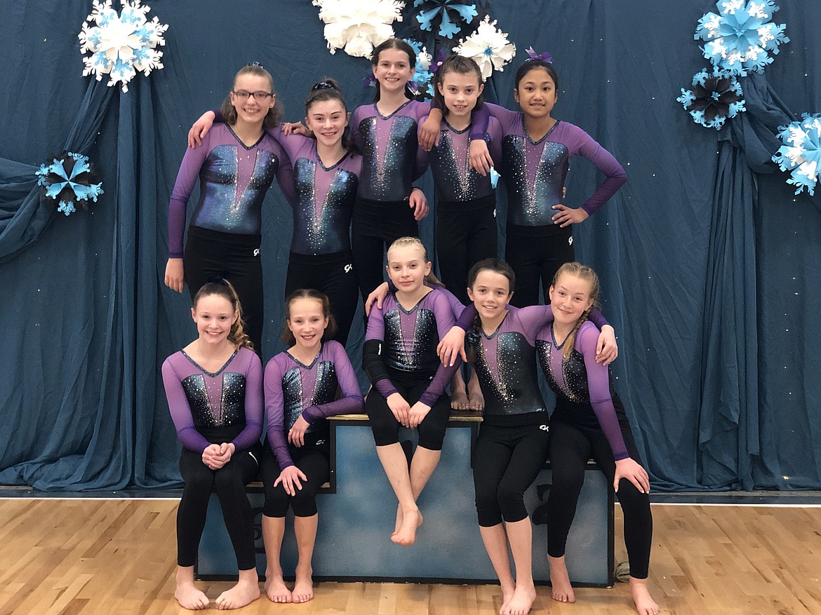 Courtesy photo
Avant Coeur Gymnastics Xcel Golds took 1st Place Team at the Snow Globe Classic on Feb. 29 in Post Falls. In the front row from left are Sophia Green, Sophie McMahon, Dakota Hoch, Kate Mauch and Macie Hoffman; and back row from left, Amberly Johnson, Sydney Brandt, Delaney Adlard, Sage Kermelis and Ava O’Halloran.