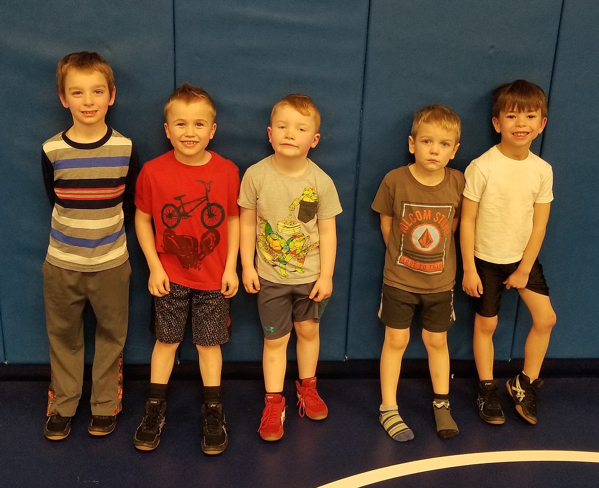 Buzzsaw Wrestling Club “Little Guys” who placed at the Spring Big Cat Open, from left, Luke Hall , Kannon Quiring, Zane Armstrong, Luke Gross and Wesson Robinson.
