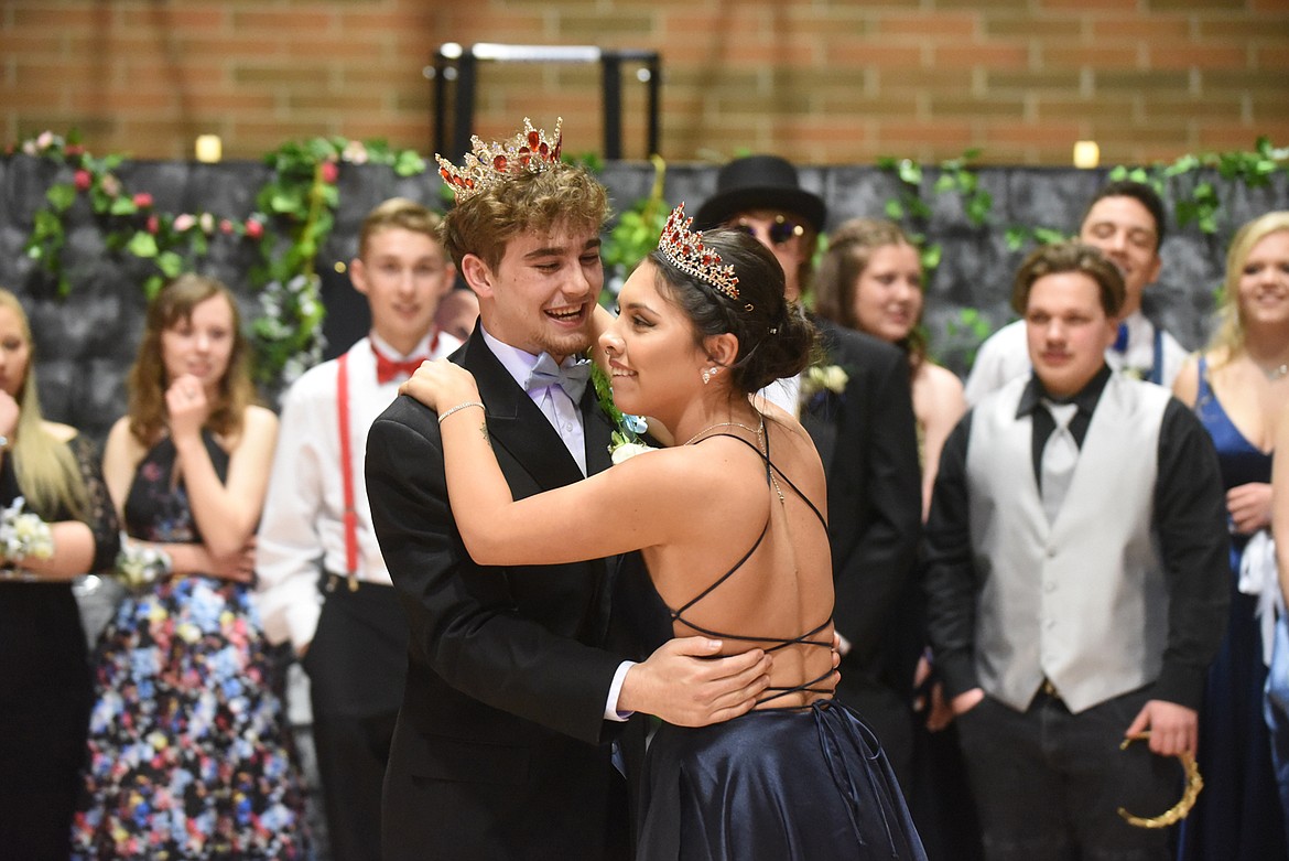 Thompson Falls seniors Kelsey Frank and Ryan Schraeder share a dance at the prom last Saturday night after being named Queen and King. More pictures on A3. (Scott Shindledecker/Valley Press)