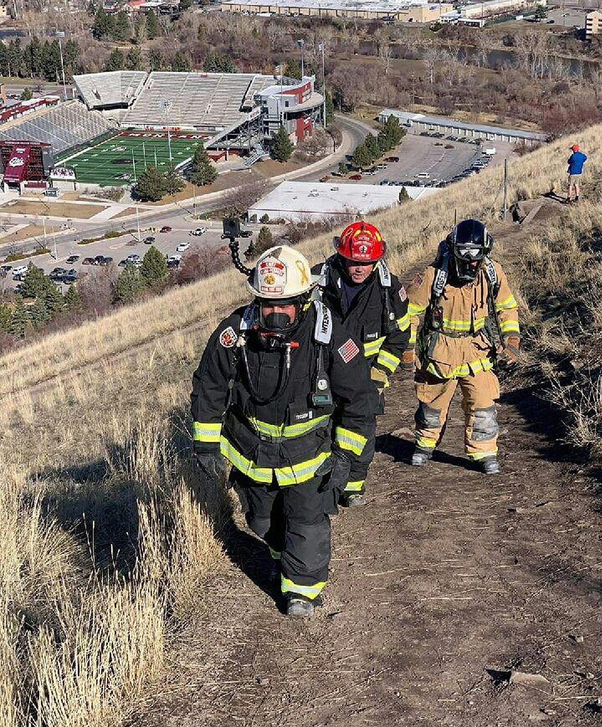 Local firefighters head up Mount Sentinel in Missoula last Sunday. Firefighters from Plains-Paradise and Hot Springs were going to walk up 69 levels of the Columbia Tower in Seattle Sunday, but the coronavirus altered their plans. (Photo courtesy Braden Starika)