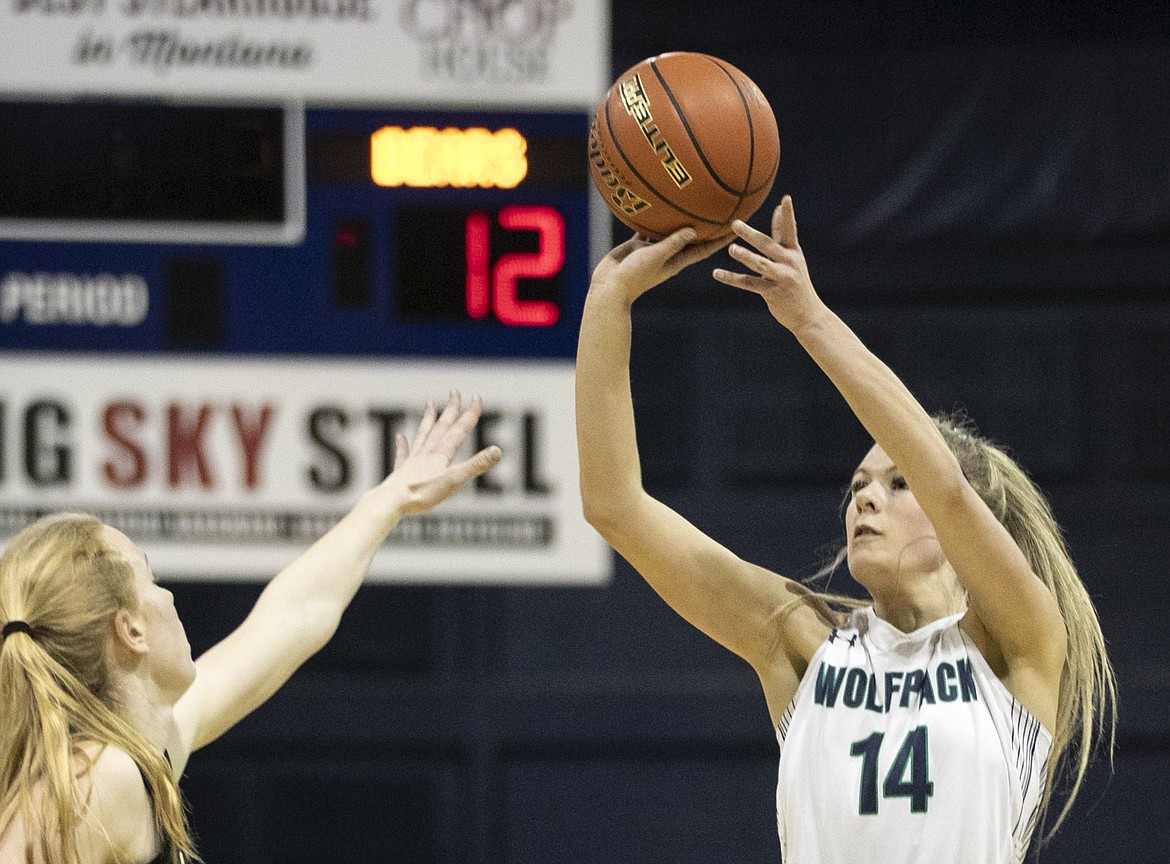 Glacier’s Aubrie Rademacher attempts a jumper against Billings West in a quarterfinal game of the Class AA State Tournament Thursday, March 12, 2020, at Worthington Arena in Bozeman. (Ryan Berry/Bozeman Daily Chronicle)