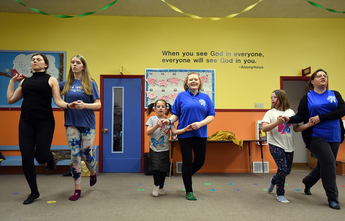 The Kalispell Irish Dancers rehearse at the Knowledge Nest Preschool Tuesday. From left are Claire Gutschenritter, Katie Eberhardy, Charlotte Heidt, Lori Bainter, Olivia Heidt and Crystal MacInnes.