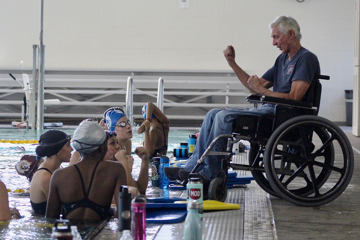 Casey McCarthy/Columbia Basin Herald Tony St. Onge talks with his swimmers during practice at Moses Lake High School before the start of swim season last Fall.