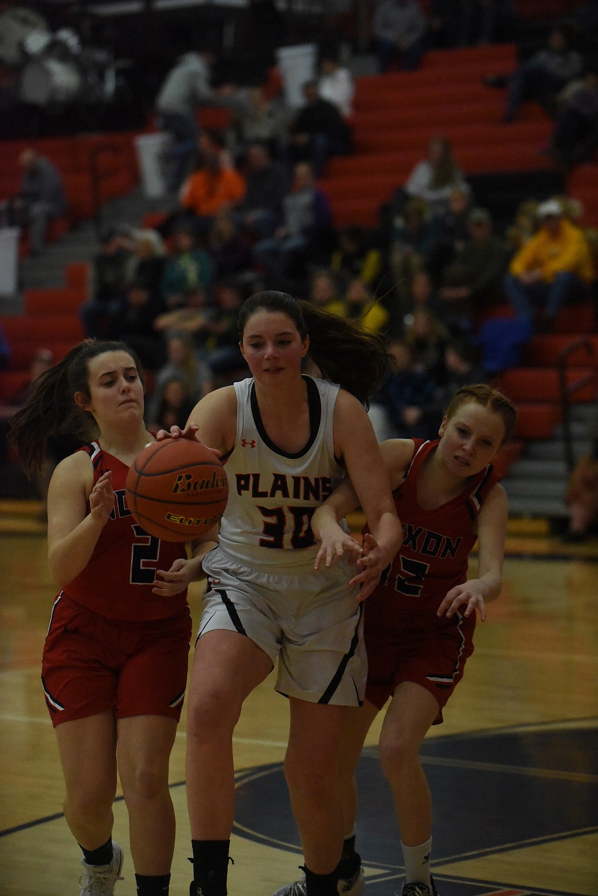 Plains’ Kylee Altmiller battles for the ball during a game against Noxon in the 14-C District playoffs. (Scott Shindledecker/Valley Press)