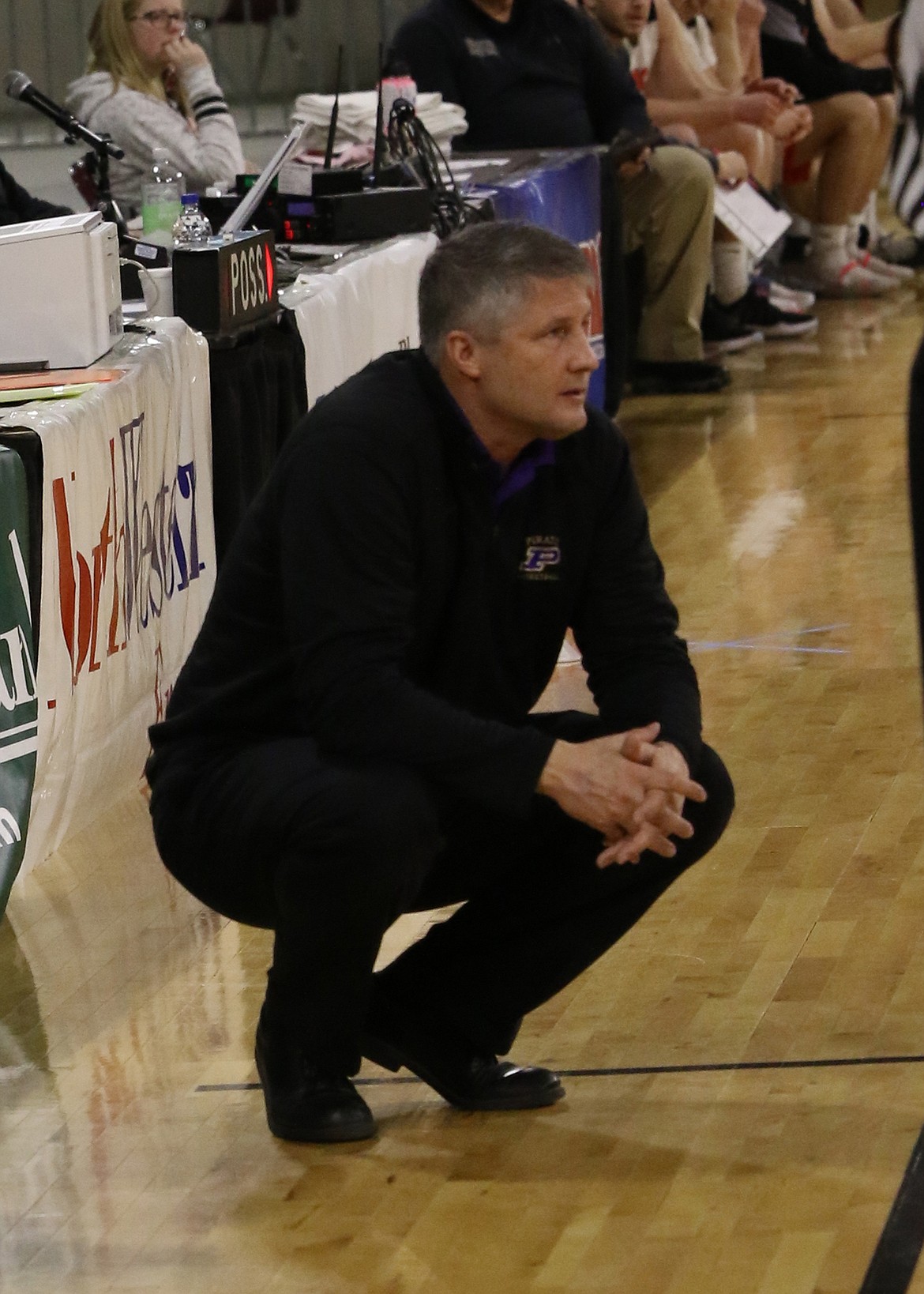 Polson coach Randy Kelley watches his Pirates compete against Frenchtown Friday morning at the State A tournament in Billings. (Bob Gunderson photo)