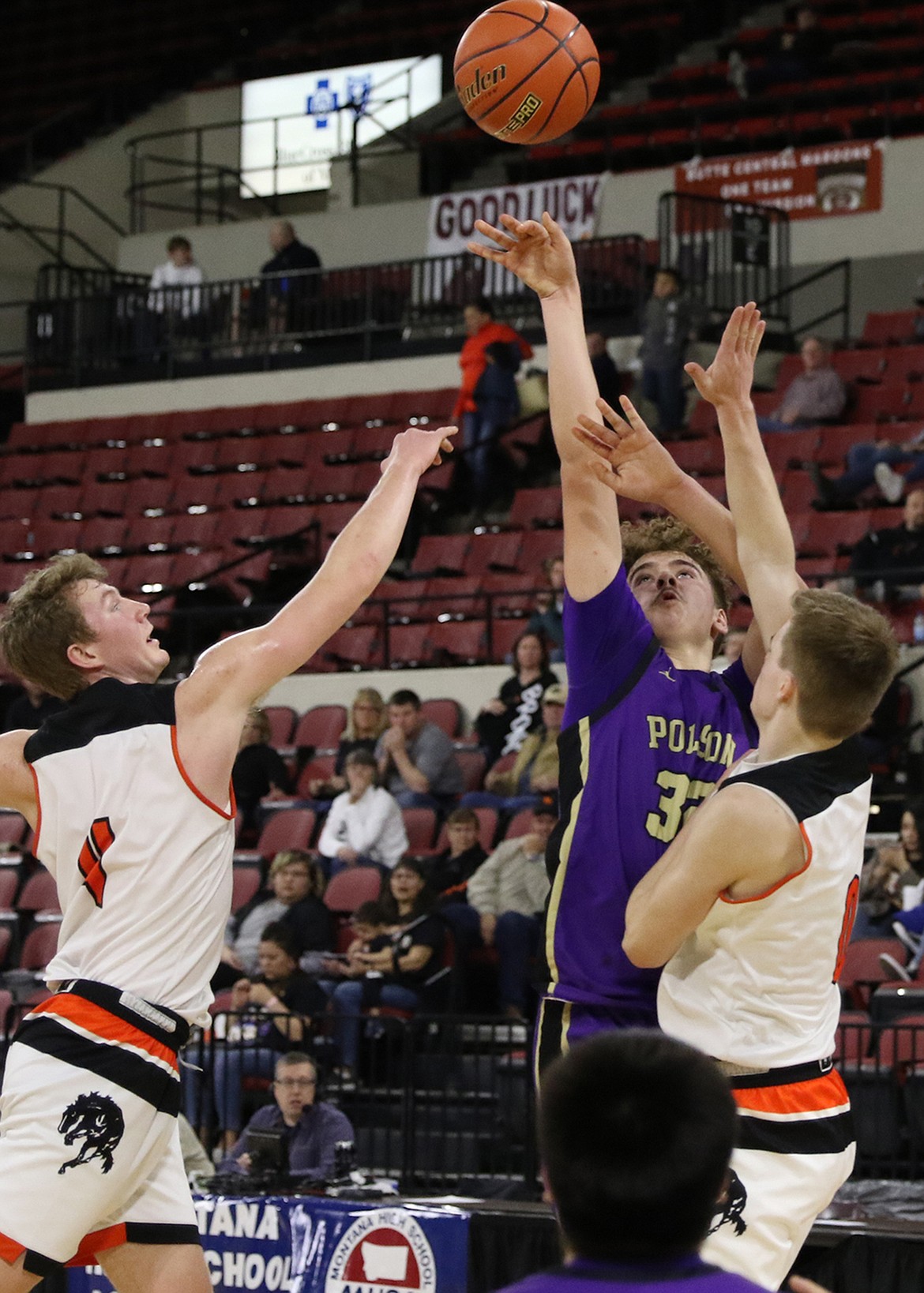 Polson junior Colton Graham goes up for a shot against Frenchtown during the Montana State Tournament last weekend. Graham scored 20 points against the Broncs. (Bob Gunderson photo)