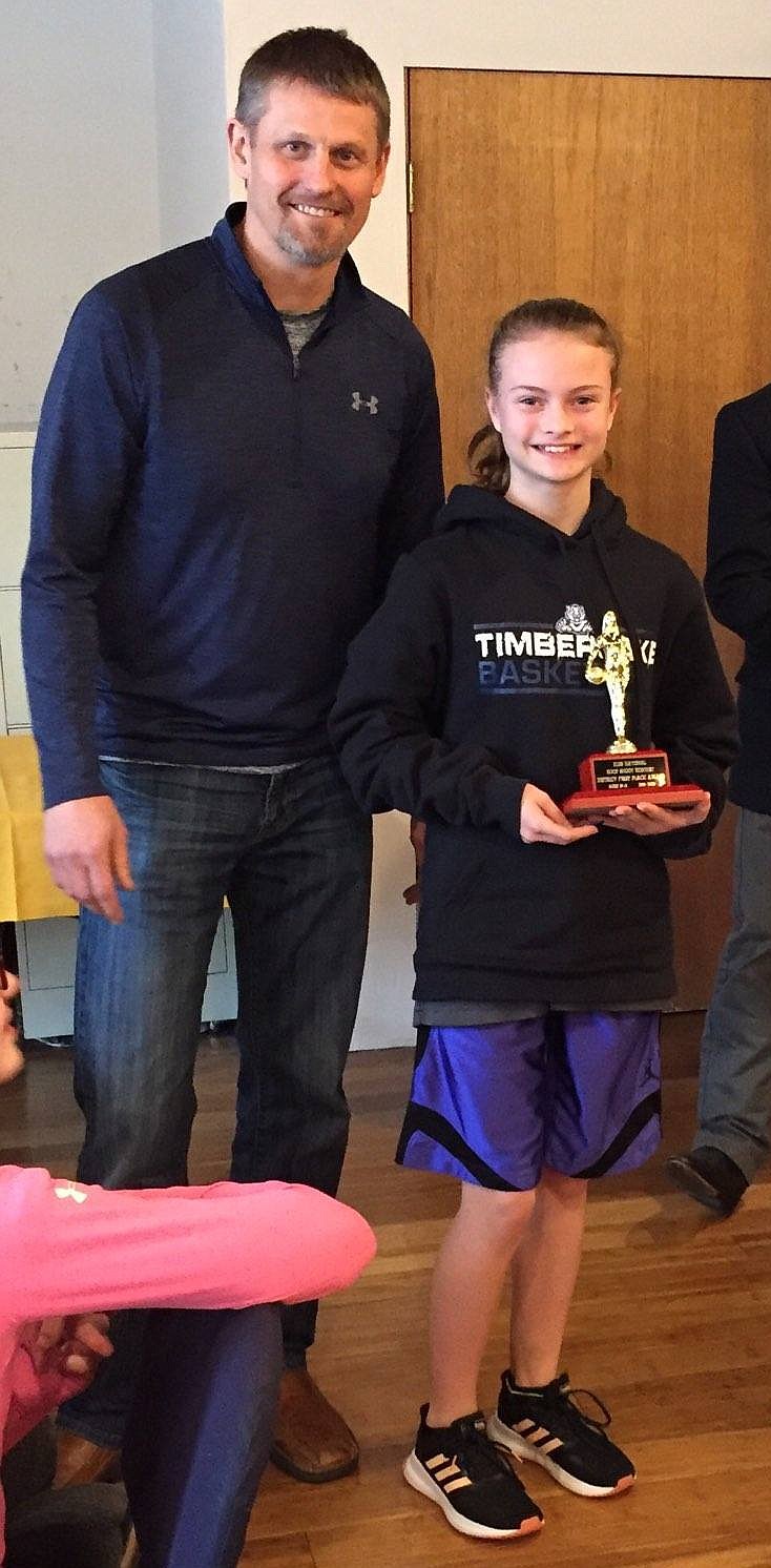 Malia Miller won the girls 10-11 age division at the Coeur d’Alene Lodge Elks Hoop Shoot on Jan. 5 at Lakeland High in Rathdrum. At left is Todd Stoddard, Coeur d’Alene Elks Hoop Shoot director.