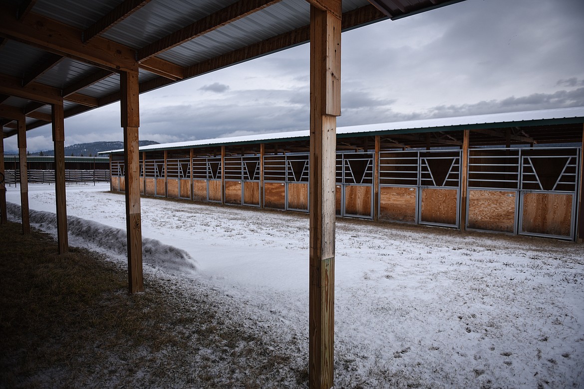 Horse stables are shown at the site of the Potter's Field Ranch and Whitefish Equestrian Center on Friday, April 3. (Casey Kreider/Daily Inter Lake)