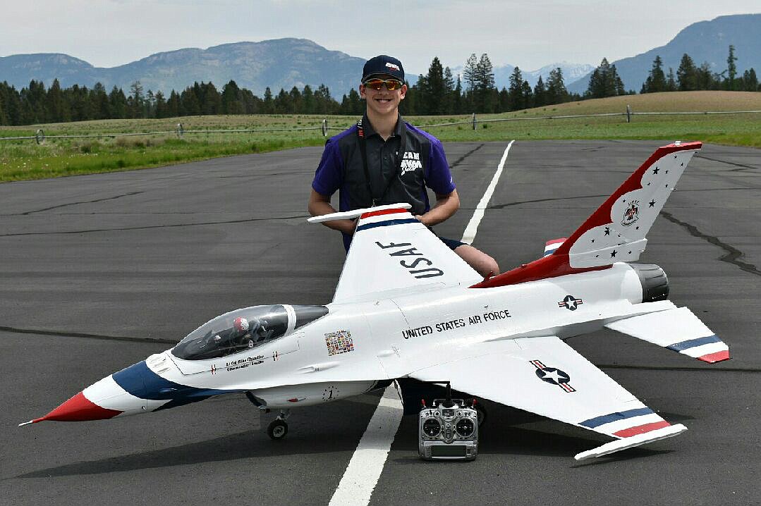 Patrick Rohrbach and his F-16 turbine model painted in the scheme of the U.S. Air Force Thunderbirds. (Photo provided)