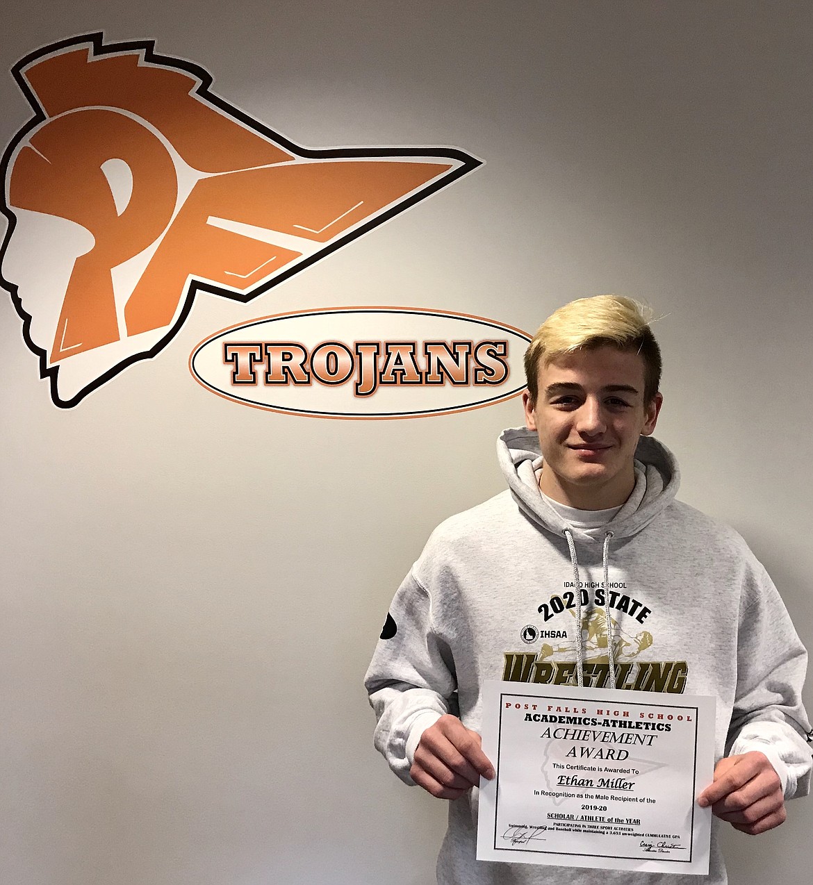 Junior Ethan Miller was named the Post Falls High School boys three-sport student-athlete of the year for 2019-20. The award honors Trojans that participated in three sports during the 2019-20 school year while maintaining an unweighted cumulative GPA between 3.5 and 4.0. Miller, who competed in swimming, wrestling and baseball, maintained a 3.653 GPA.