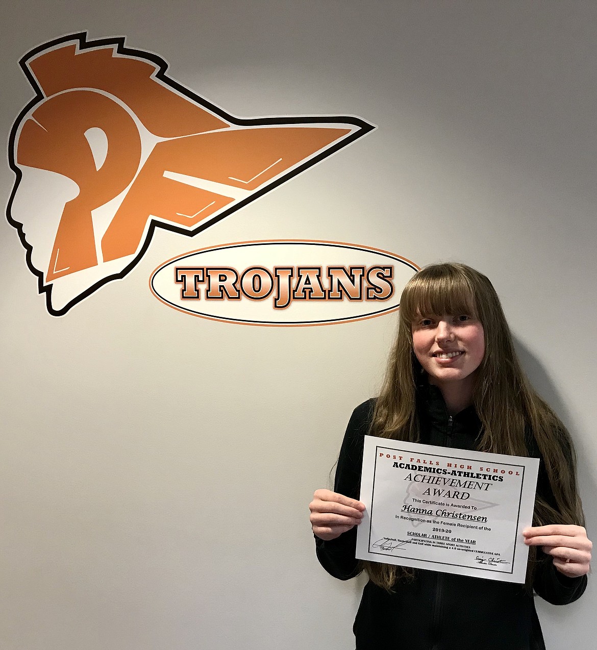 Sophomore Hanna Christensen was named the Post Falls High School girls three-sport student-athlete of the year for 2019-20. The award honors Trojans that participated in three sports during the 2019-20 school year while maintaining an unweighted cumulative GPA between 3.5 and 4.0. Christensen, who competed in volleyball, basketball and golf, maintained a 4.0 GPA.