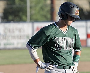 Casey McCarthy/Columbia Basin Herald 
 Central Washington Spuds player Zach Valdez frowns during a game last summer. The Spuds’ summer season was canceled due to the COVID-19 pandemic.