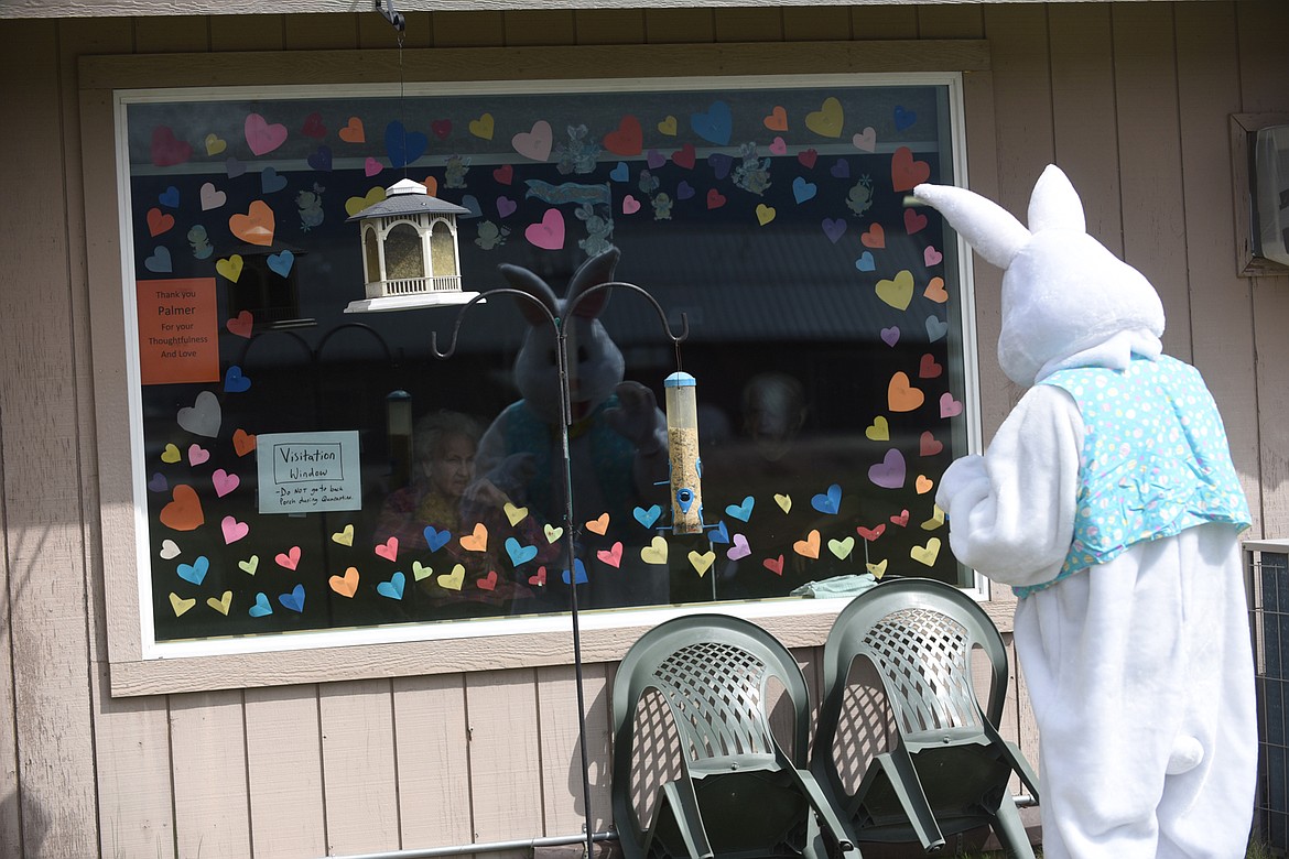 The Easter Bunny waves to long-term care patients at Clark Fork Valley Hospital Sunday afternoon in Plains. (Scott Shindledecker/Valley Press)