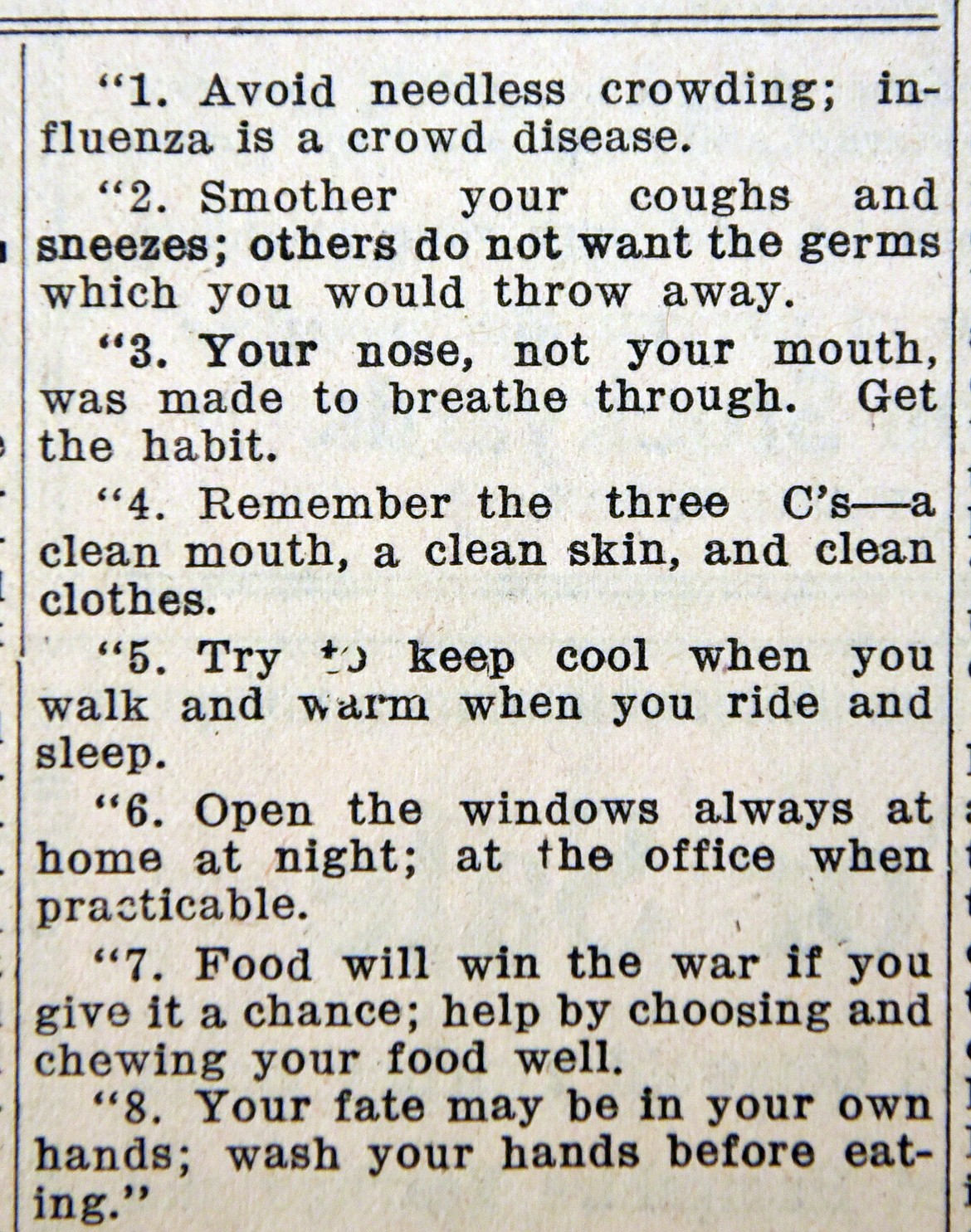 Tips to avoid getting influenza as published in the Pilot in 1918.