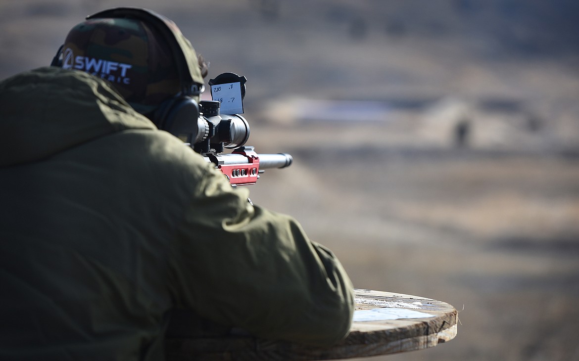 Bozeman’s Jared Miller takes aim during the PRS style shoot at the Butte Gun Club last month. (Jeremy Weber/Daily Inter Lake)