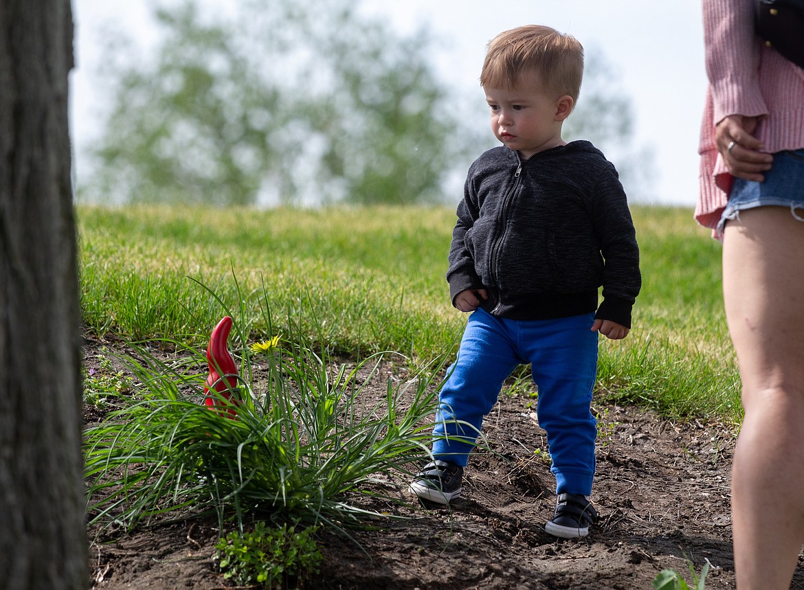 Vincent Monnone, 1, takes a moment to assess the gnome statue at Blue Heron Park after finding it with his mom, Catherina Monnone, on Thursday morning.