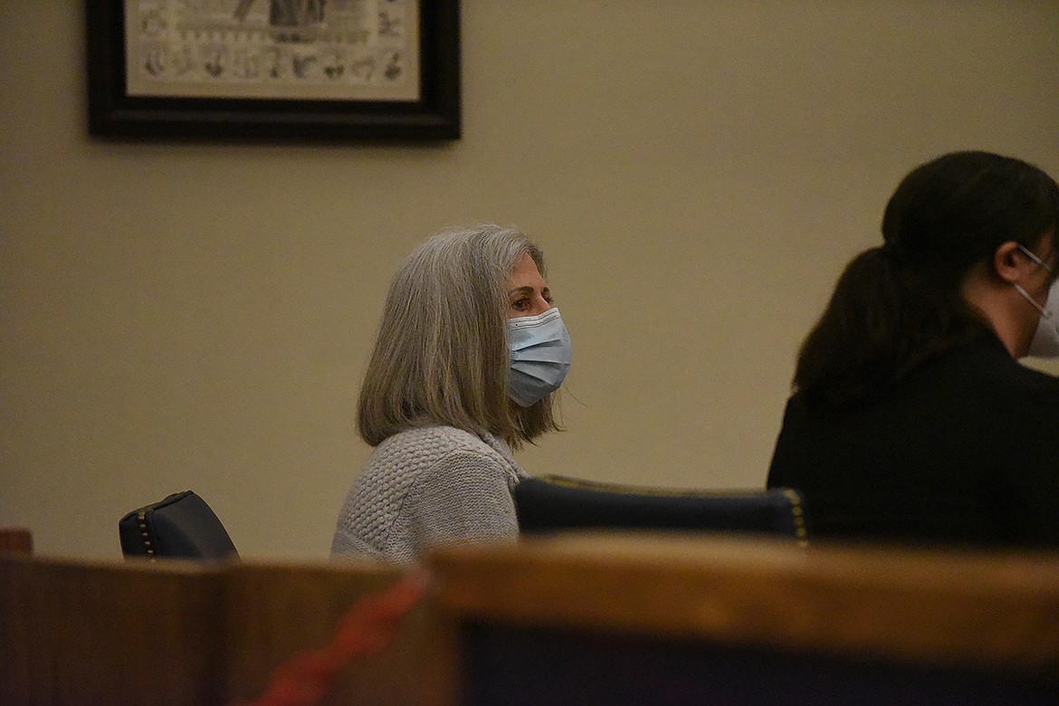 Patricia Ann Berliner, left, appears in Flathead County District Court Thursday with her attorney, Flathead County Public Defender Alisha Backus, for arraignment on a charge she struck and critically injured a 6-year-old child getting off a school bus in November 2019. Berliner pleaded not guilty. (Scott Shindledecker/Daily Inter Lake)