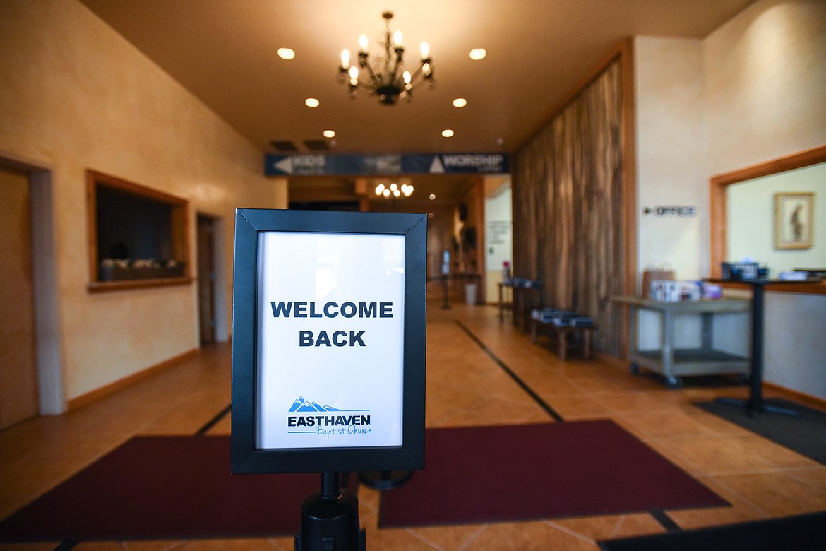A sign at the entrance welcomes congregants back to Easthaven Baptist Church in Kalispell on Thursday, April 30. (Casey Kreider/Daily Inter Lake)