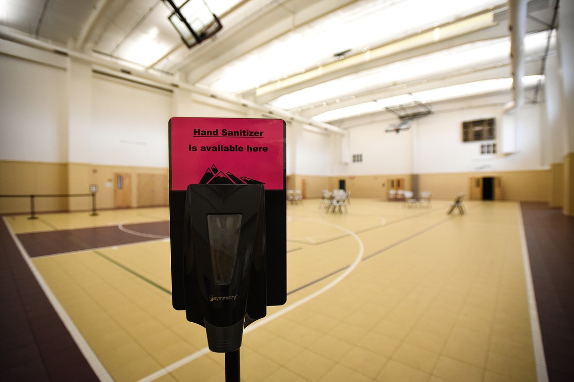 Hand sanitizing stations are set up along a queue congregants will follow into the sanctuary at Easthaven Baptist Church in Kalispell on Thursday, April 30. (Casey Kreider/Daily Inter Lake)