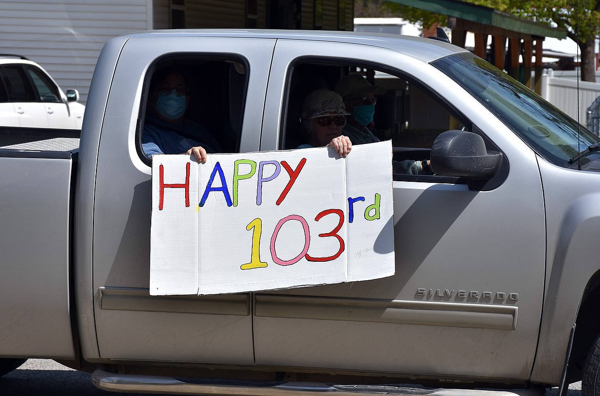 Troy residents joined first responders and local dignitaries in marking Betty Mullin's 103rd birthday with a drive-by celebration. (Duncan Adams/The Western News)