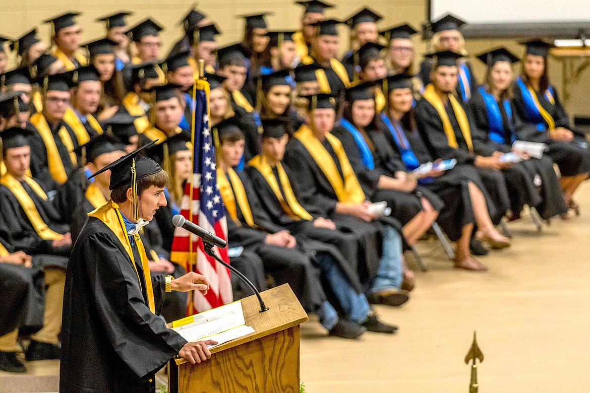 Brian Peck, salutatorian of the Libby High School Class of 2018, gives his commencement address in front of his classmates Saturday, June 2, 2018. (John Blodgett/The Western News)