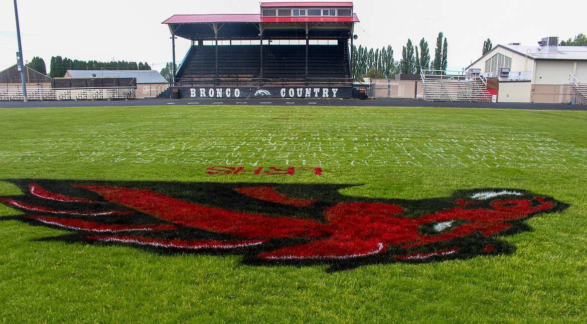 The LRHS Bronco logo on the Lind-Ritzville High School football field sits above the names of the seniors from the 2020 class, with the project being completed over the weekend.