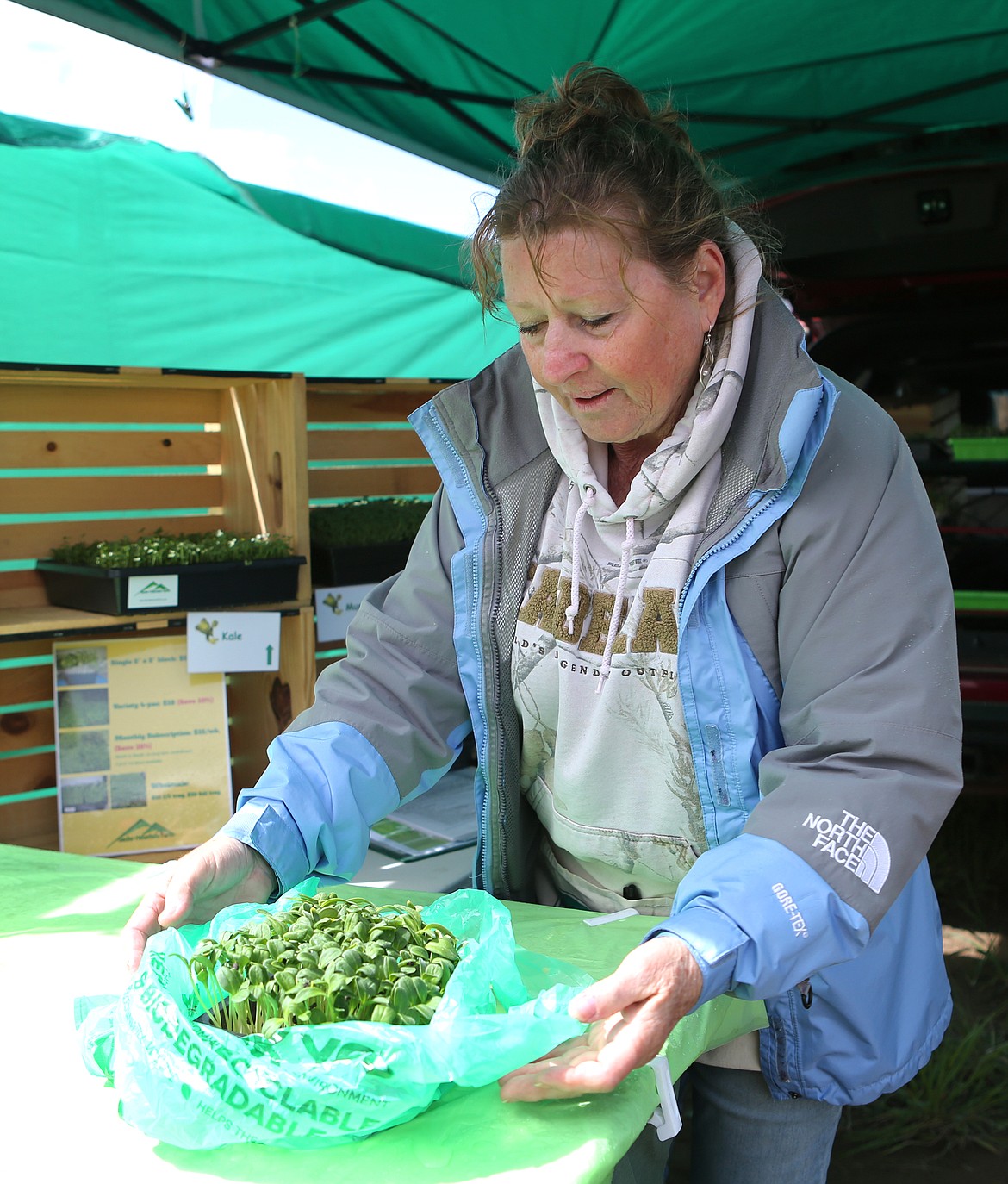 Renee Watt, of Gecko Mountain Farm, packs up an order of microgreens for a customer.