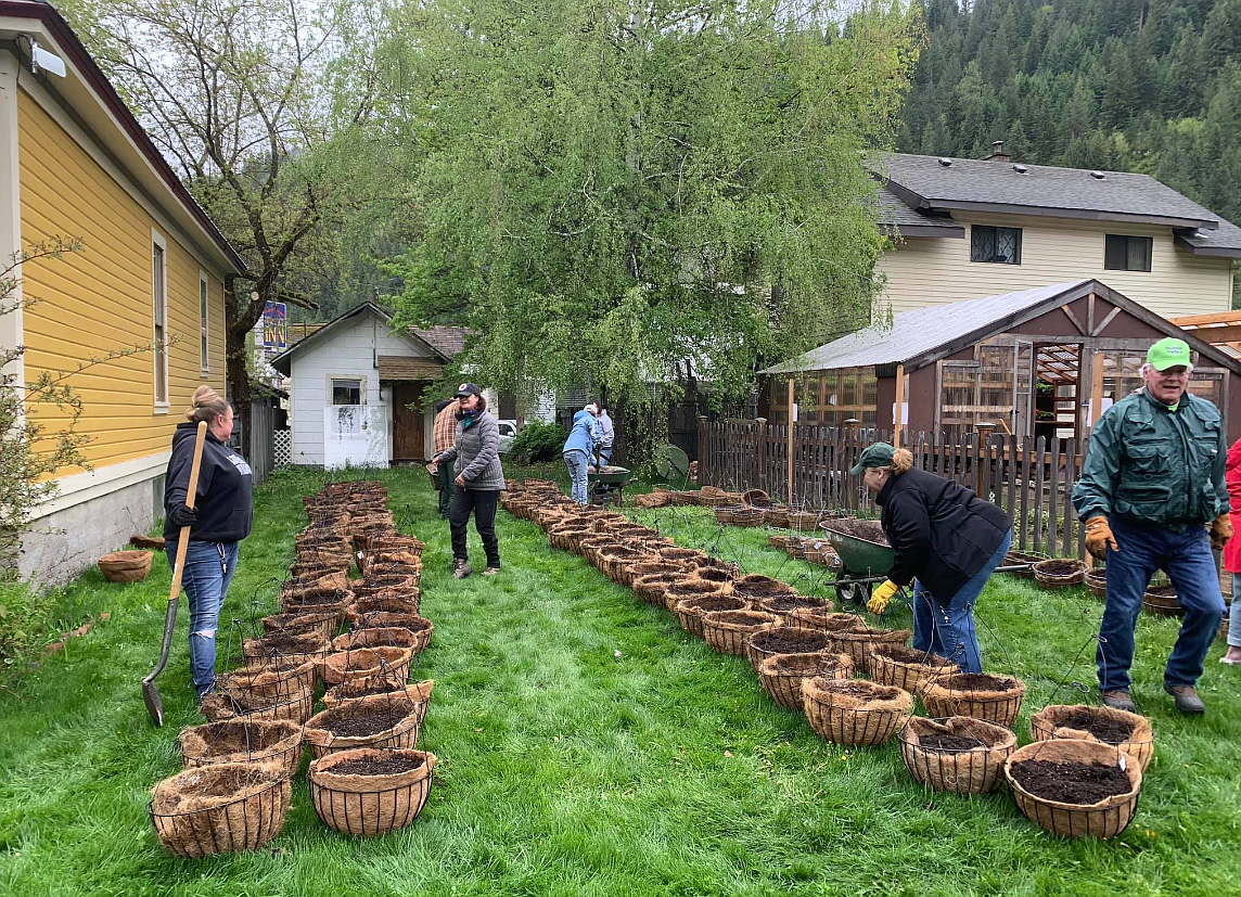 Wallace Flower Project volunteers prepare to place flowers in the pre-made hanging baskets on May 16. Project members assembled the hanging baskets the previous day.