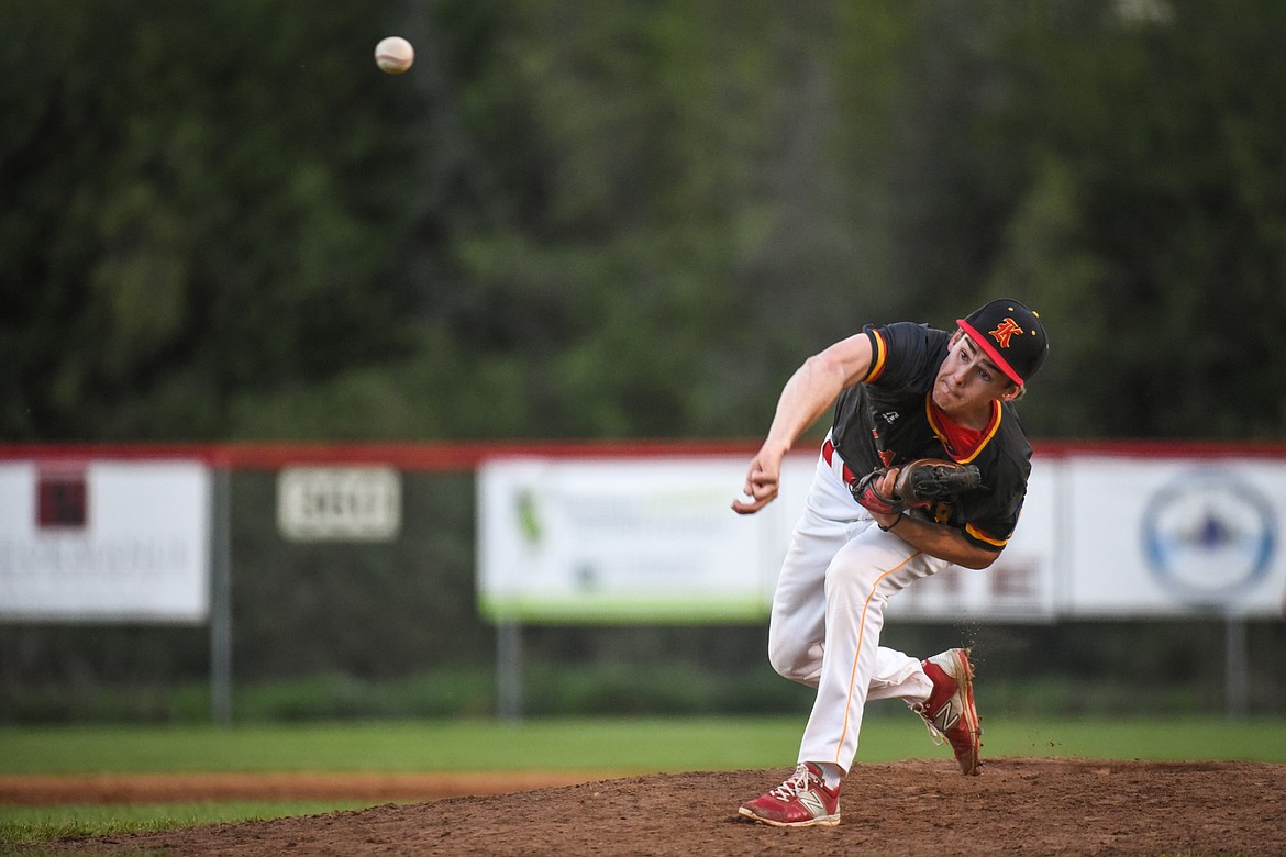 Kalispell Lakers AA pitcher Reid Barrows throws in the sixth inning against the Glacier Twins A at Griffin Field on Saturday. (Casey Kreider/Daily Inter Lake)