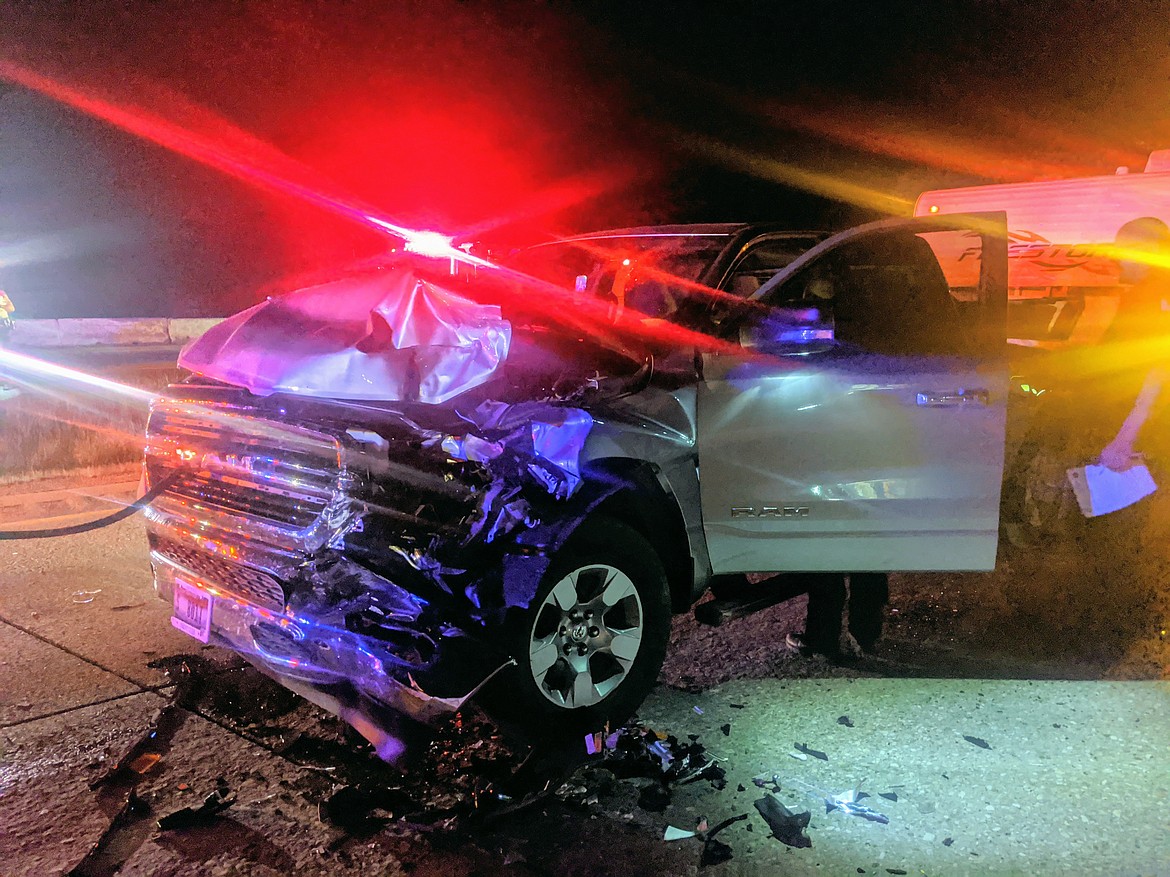 The pickup truck involved in the head-on collision Wednesday night. The driver, Mr. Wilson, crossed into oncoming eastbound traffic from the westbound side for an undetermined reason.