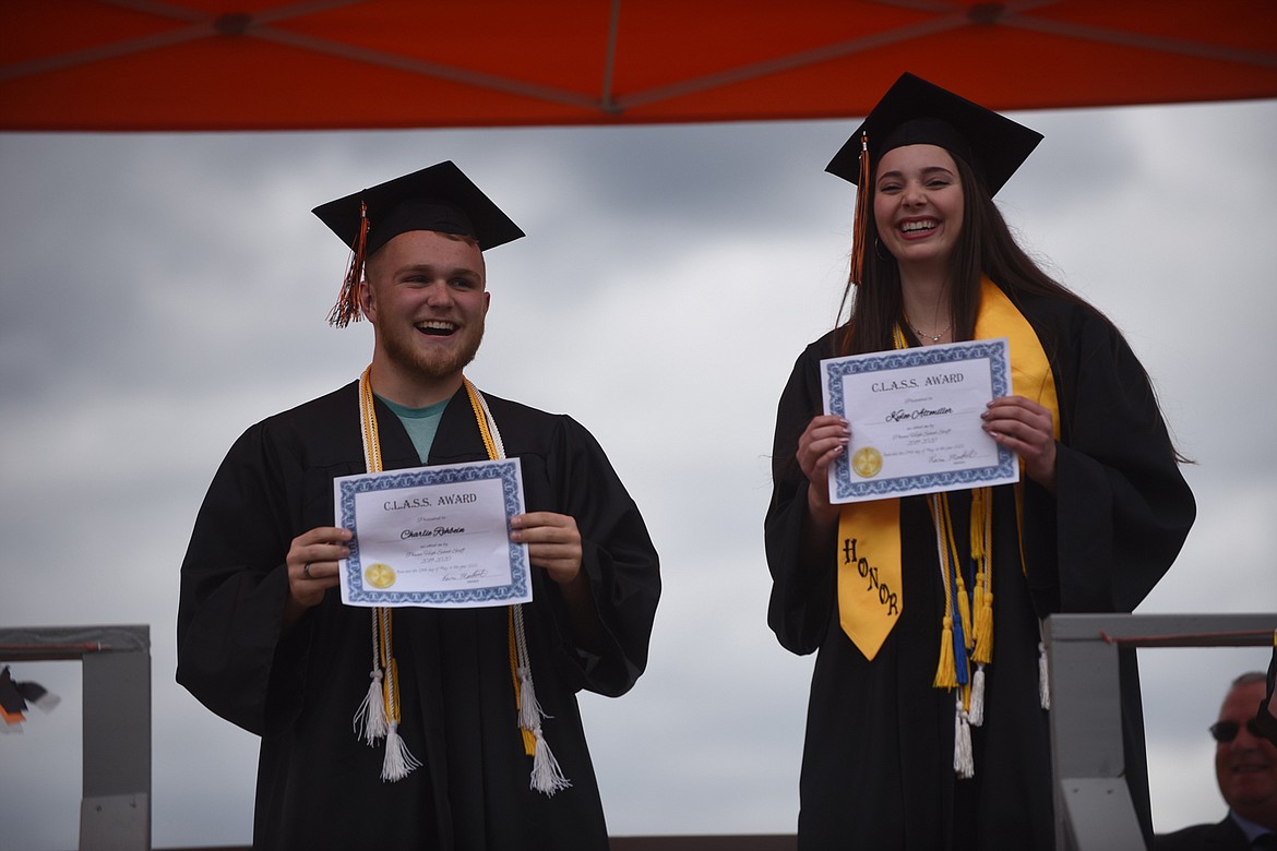 PLAINS CLASS of 2020 members Charlie Rehbein and Kylee Altmiller were proud to be named C.L.A.S.S. award winners during graduation ceremonies Sunday, May 24. Altmiller was the valedictorian. (Scott Shindledecker/Valley Press)