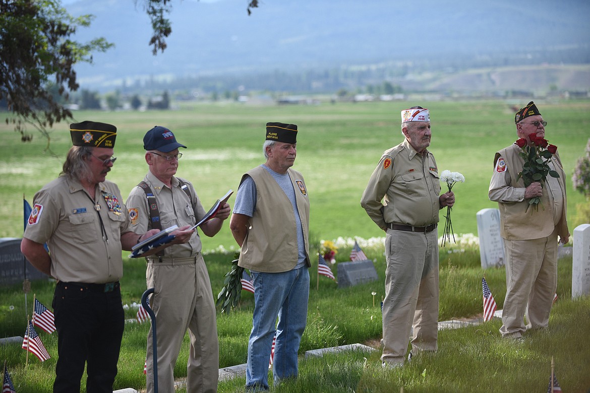 PLAINS VFW members, from left, Ron Kilbury, Chaplain Otto Otnes, Senior Vice Commander Michael Brinson, Junior Vice Commander Dave Tupper and Officer of the Day, Charles “Ole” Oelschlager, participate in the group’s annual remembrance of those who died while serving in the United States Armed Forces. (Scott Shindledecker/Valley Press)