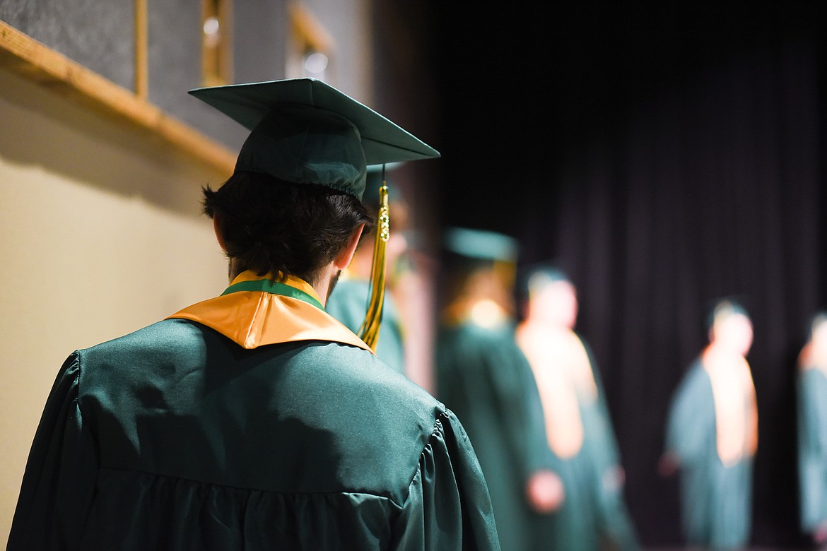 Students line up during the filming of the 2020 graduation video. (Daniel McKay/Whitefish Pilot)