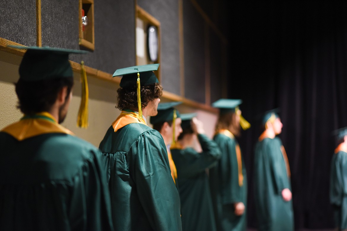 Students line up in the Black Box Theater during the filming of the 2020 graduation video. (Daniel McKay/Whitefish Pilot)