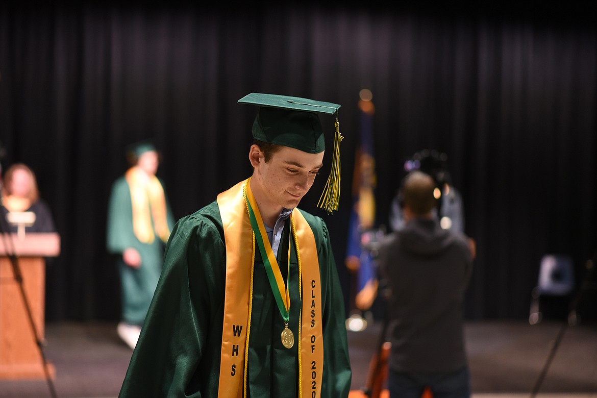 Caden Means smiles as he walks off camera during the filming of the 2020 graduation video. (Daniel McKay/Whitefish Pilot)