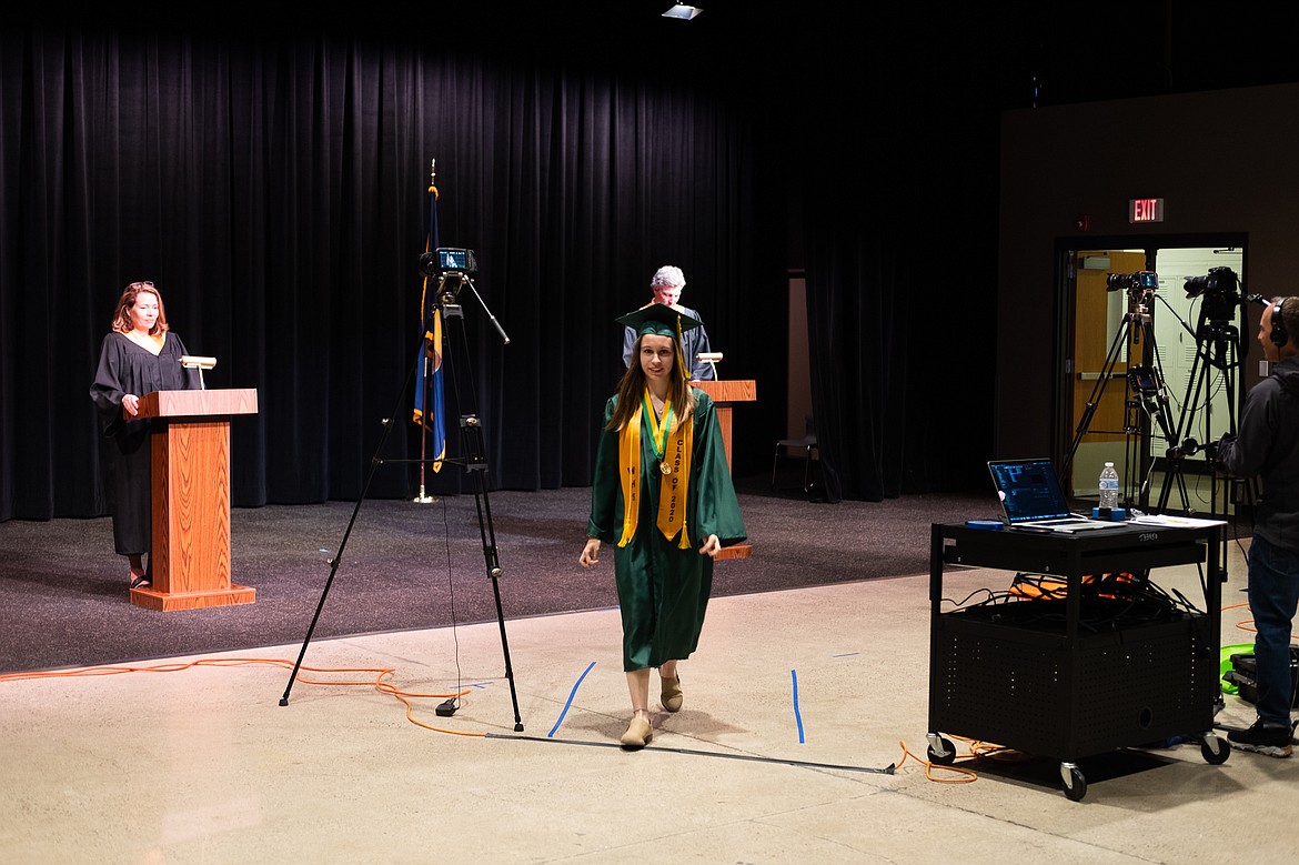 Jessica Henson walks off camera during the filming of the 2020 graduation video. (Daniel McKay/Whitefish Pilot)