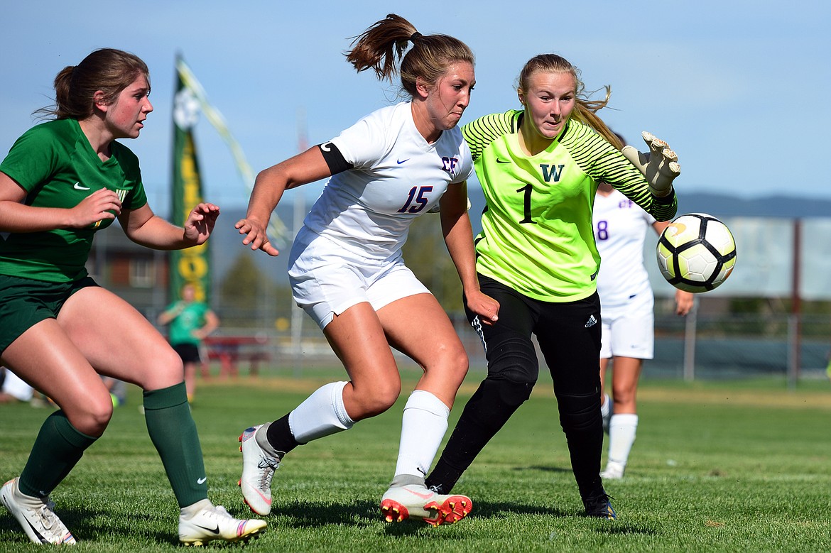 Columbia Falls’ Josie Windauer (15) scores a goal past Whitefish goalkeeper Sami Galbraith (1) in the first half at Smith Fields on Tuesday, Sept. 3, 2019. (Casey Kreider/Daily Inter Lake)