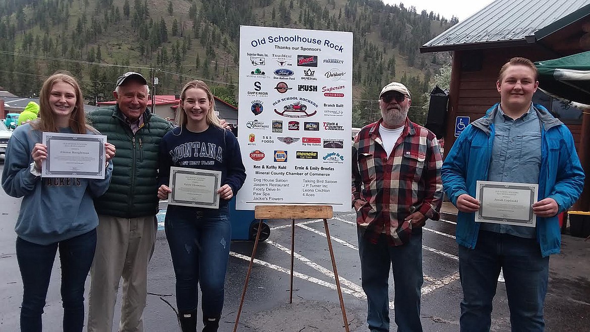 The Old School House Rock Car Show annually awards three scholarships to Mineral County students whom are continuing their education following high school. From left, are Emmah Baughman, David Mirisch, Kylee Thompson, Mike Curtin and Jacob Lapinski. Mirisch and Curtin are organizers of the event. (Monte Turner/Mineral Independent)