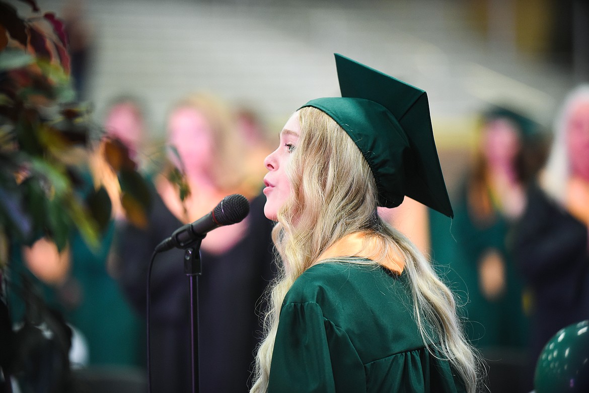 Jordan Hayes performs the national anthem during Saturday's Whitefish High School Graduation. (Daniel McKay/Whitefish Pilot)