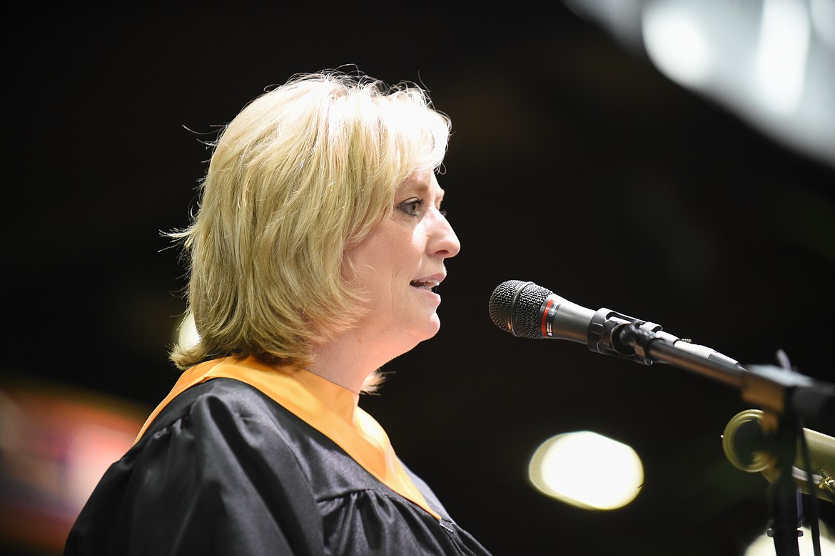 Superintendent Heather Davis Schmidt speaks to students and guests during Saturday's Whitefish High School Graduation. (Daniel McKay/Whitefish Pilot)