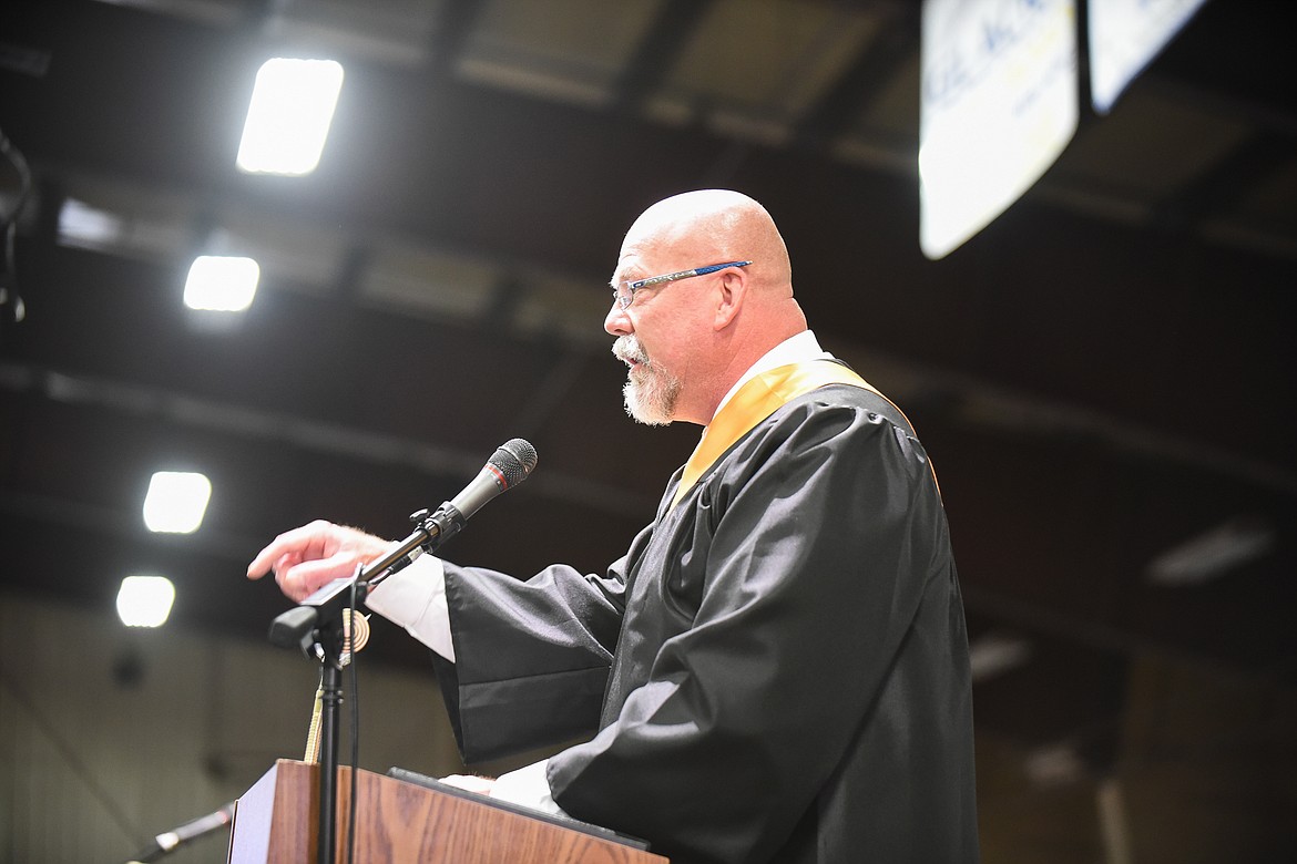 Whitefish High School Principal Kerry Drown addresses the class of 2020  during Saturday's Whitefish High School Graduation. (Daniel McKay/Whitefish Pilot)