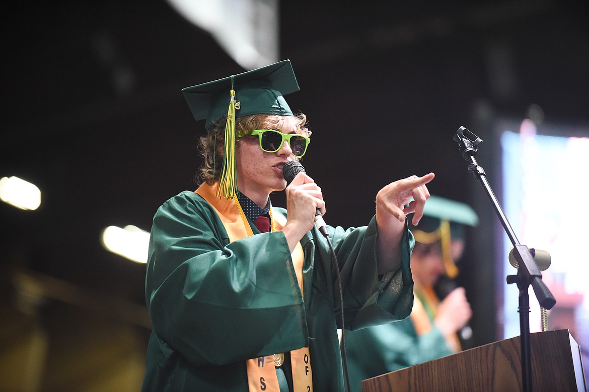 Casey Schneider raps alongside Sam Menicke during Saturday's Whitefish High School Graduation. (Daniel McKay/Whitefish Pilot)