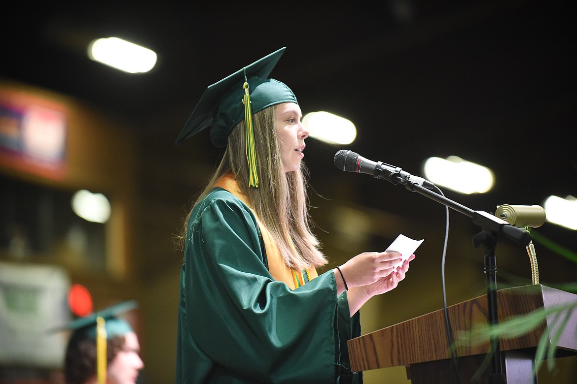 Samantha Bee addresses her fellow students during Saturday's Whitefish High School Graduation. (Daniel McKay/Whitefish Pilot)