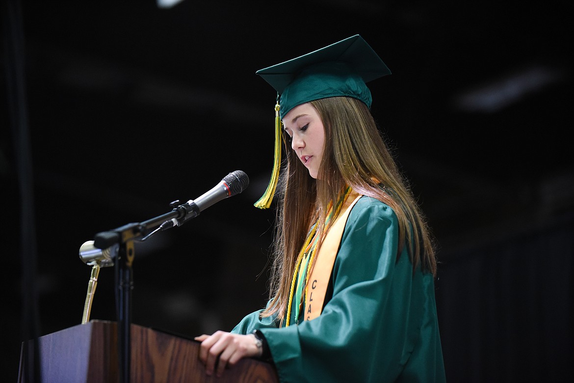 Grace Benkelman addresses her fellow students during Saturday's Whitefish High School Graduation. (Daniel McKay/Whitefish Pilot)