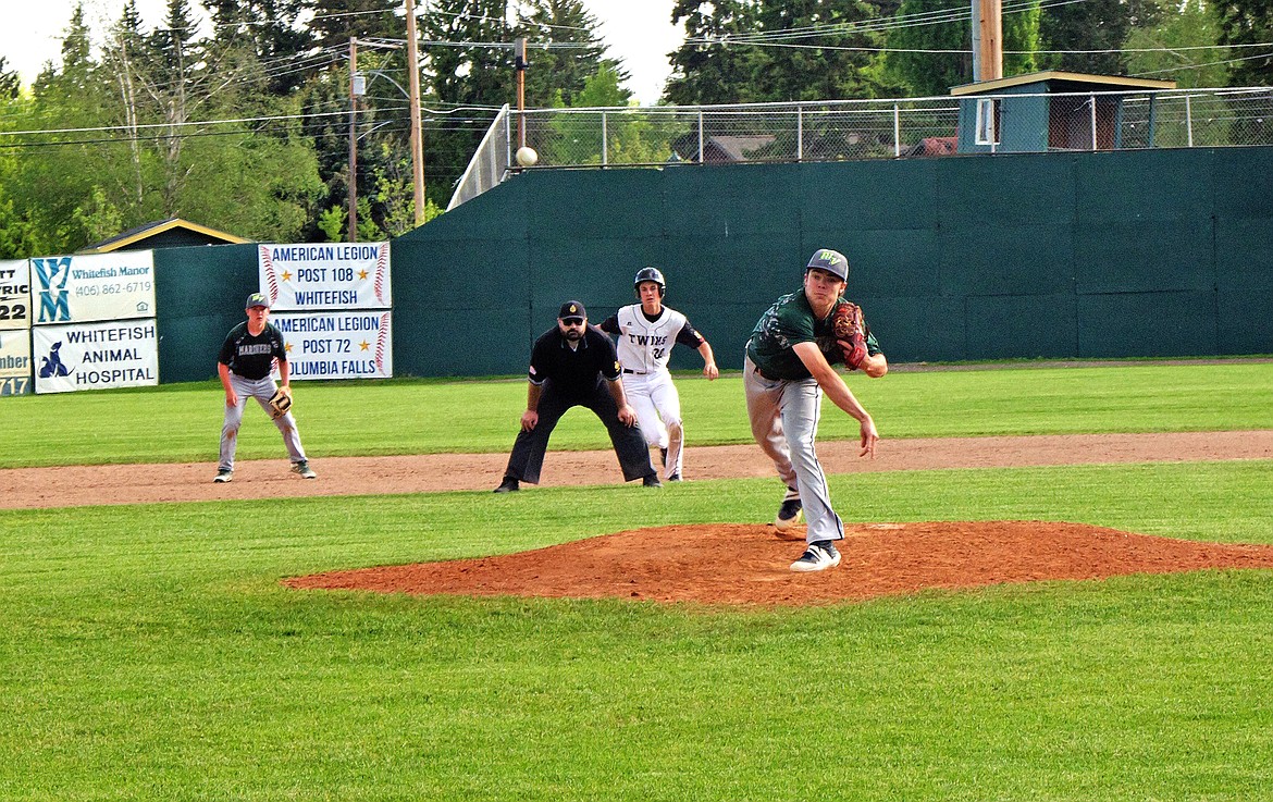 Mission Valley Mariners’ Ethan McCauley pitches as the Mariners B team plays against the Glacier Twins B on Thursday, June 4 in Whitefish. (Whitney England/Lake County Leader)