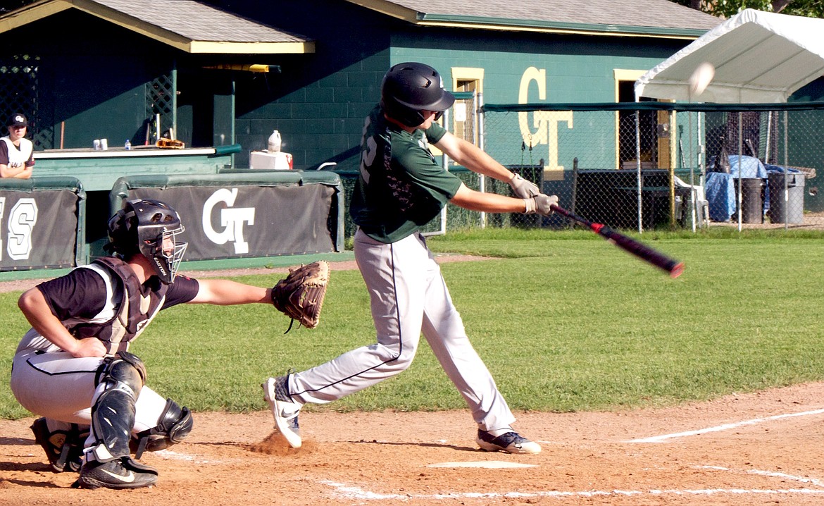 Mission Valley Mariners’ Ethan McCauley hits the ball late in the game as the Mariners B team plays against the Glacier Twins B on Thursday, June 4 in Whitefish. (Whitney England/Lake County Leader)