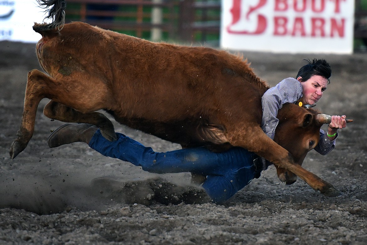 JP Koch-Ford tries his hand at chute dogging in the June 4 Brash Rodeo Summer Series event in Columbia Falls.