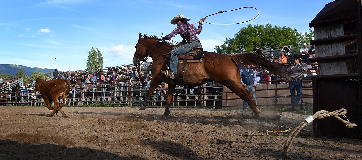 Dylann Billington leaves the gate during the ladies breakaway roping. (Jeremy Weber/Daily Inter Lake)