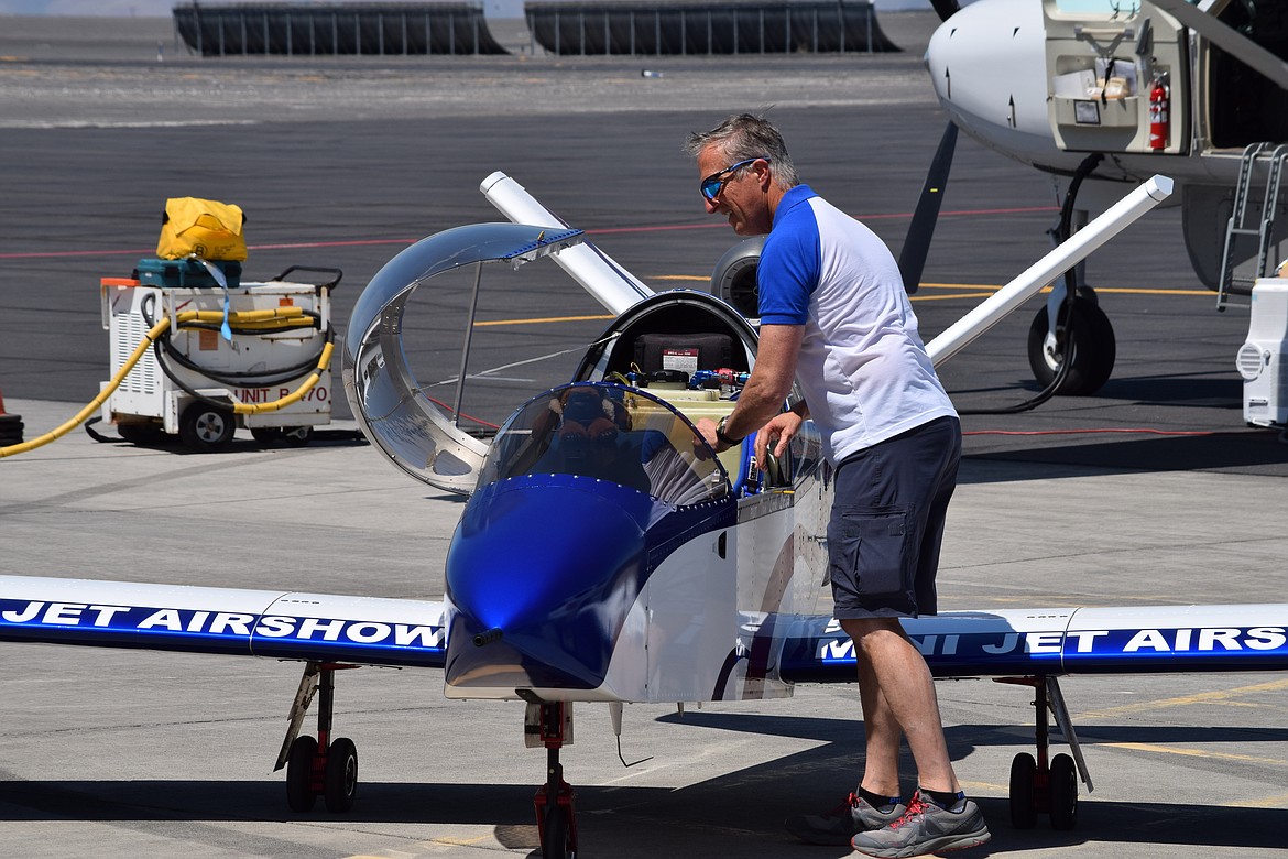 Stunt pilot Tom Larkin shows his 500-pound mini jet, which has been described as a “scooter with a jet engine,” at the 2019 Moses Lake Air Show.